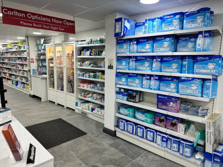 Carlton Pharmacy product display and opticians entrance